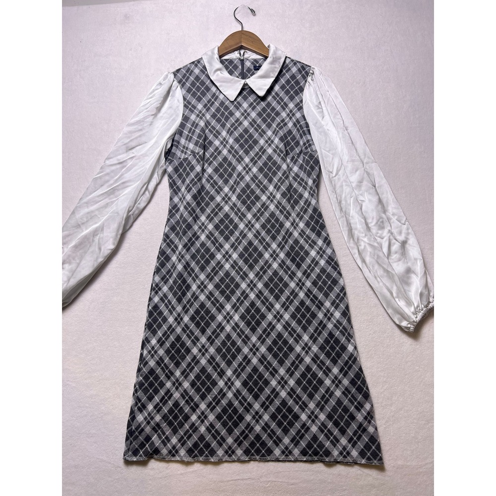 Tommy Hilfiger 6 Plaid Shift Dress Preppy Academia Grey White Long Sleeve Autumn